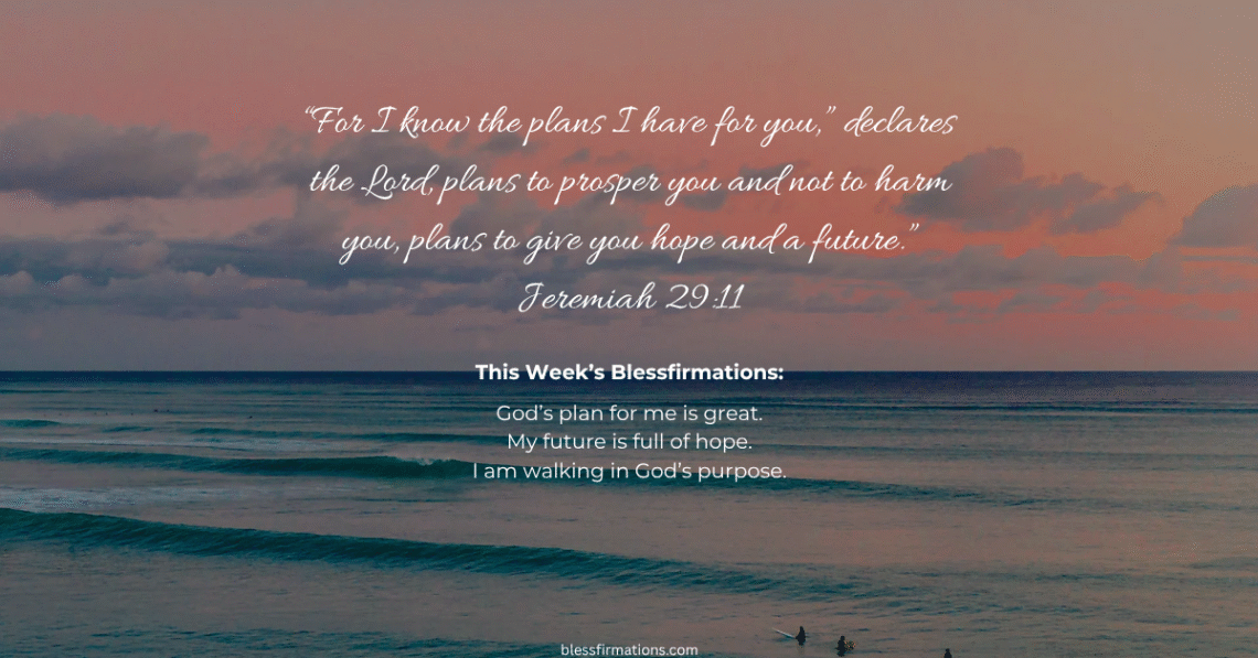 Jeremiah 29:11 Bible verse — ‘For I know the plans I have for you,’ says the Lord. Weekly encouragement image from Blessfirmations.